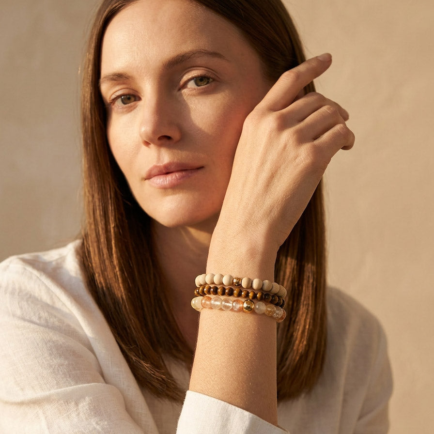 Tiger Eye & Rutilated Quartz Gemstone Bracelet Set