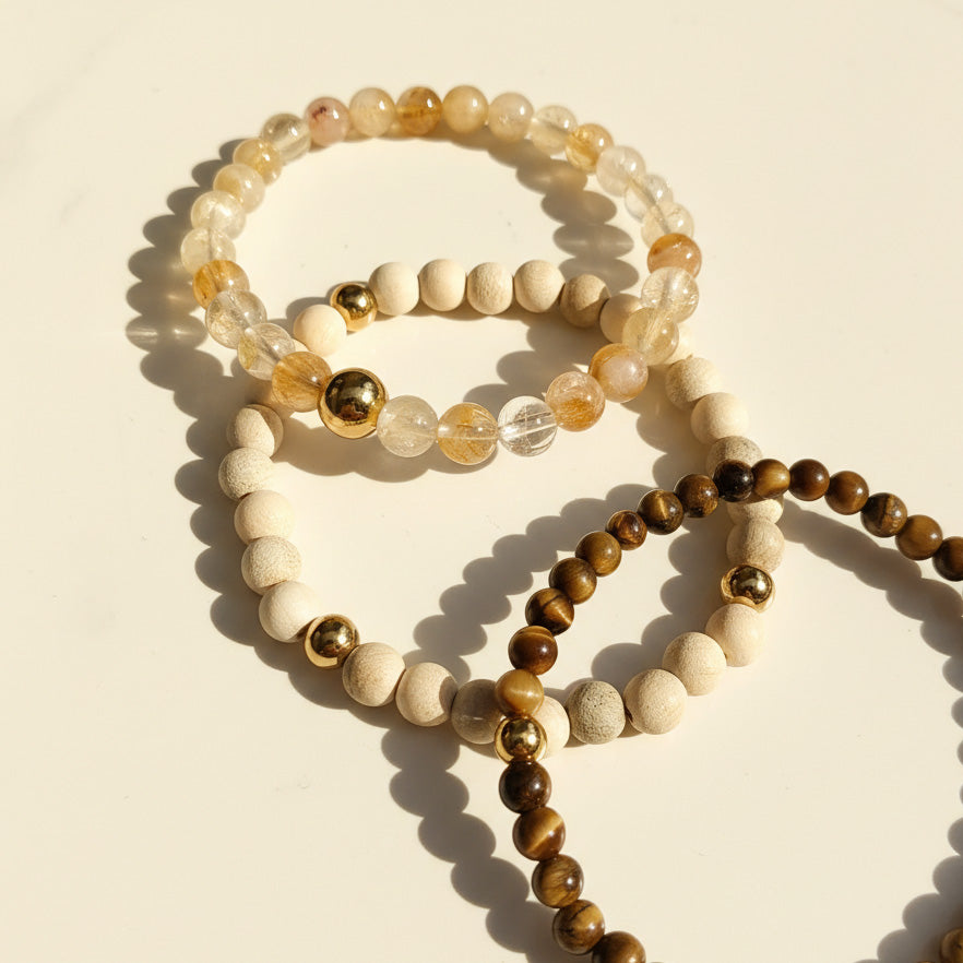 Tiger Eye &amp; Rutilated Quartz Gemstone Bracelet Set