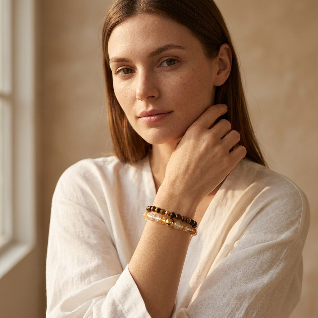 Tiger Eye &amp; Rutilated Quartz Gemstone Bracelet Set