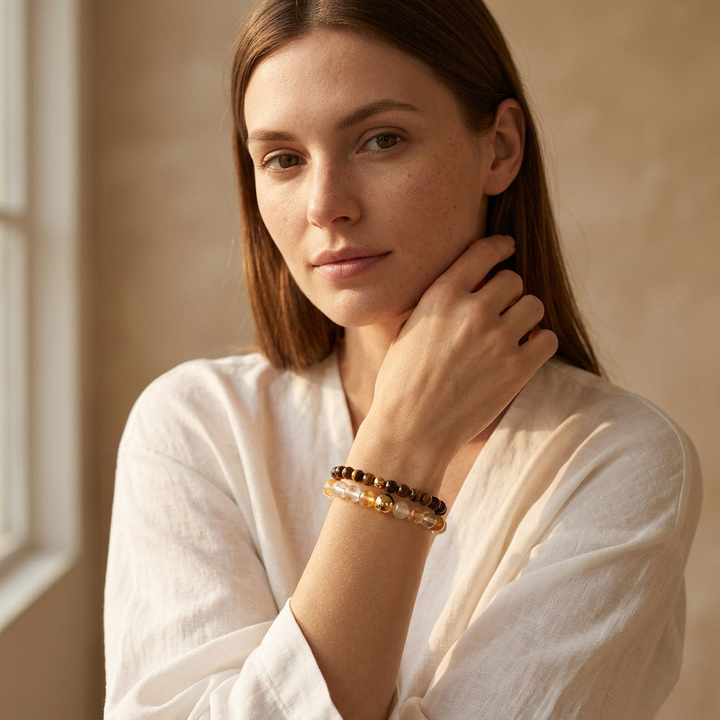 Tiger Eye &amp; Rutilated Quartz Gemstone Bracelet Set