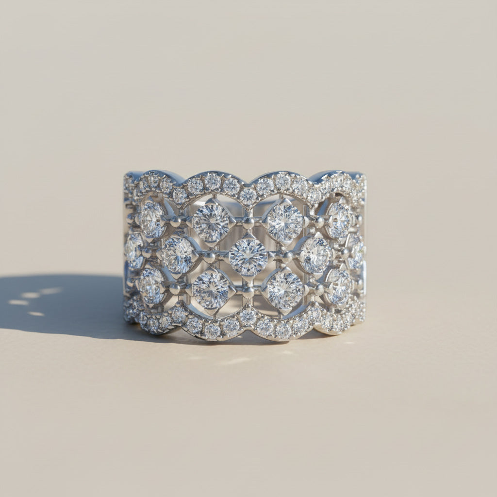 Wide Moissanite Band Ring in Platinum Plated Silver
