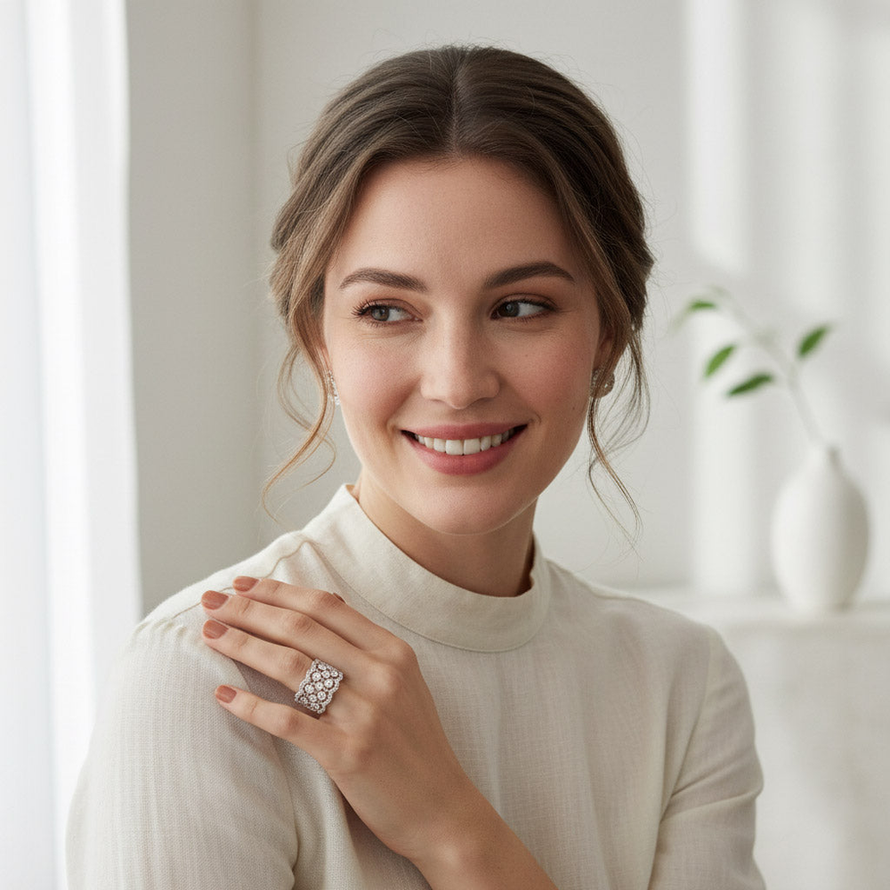 Wide Moissanite Band Ring in Platinum Plated Silver