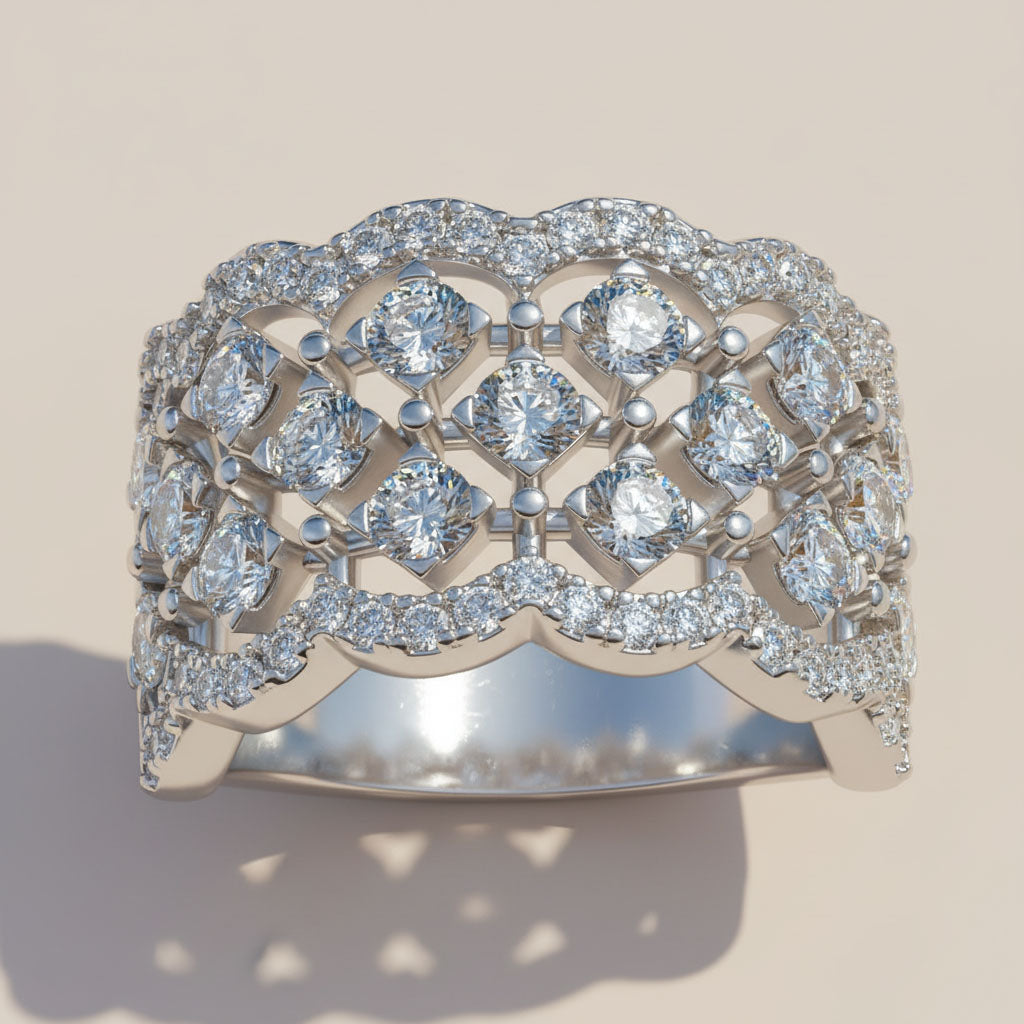 Wide Moissanite Band Ring in Platinum Plated Silver