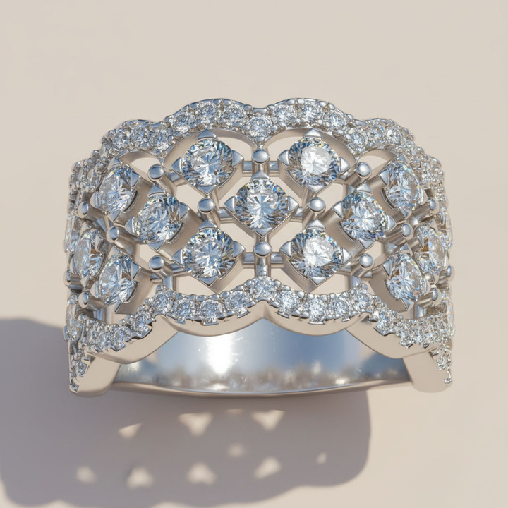 Wide Moissanite Band Ring in Platinum Plated Silver