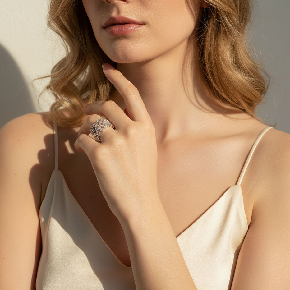 Wide Moissanite Band Ring in Platinum Plated Silver