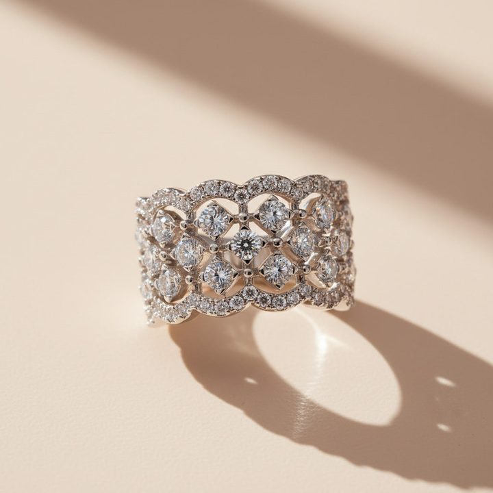 Wide Moissanite Band Ring in Platinum Plated Silver