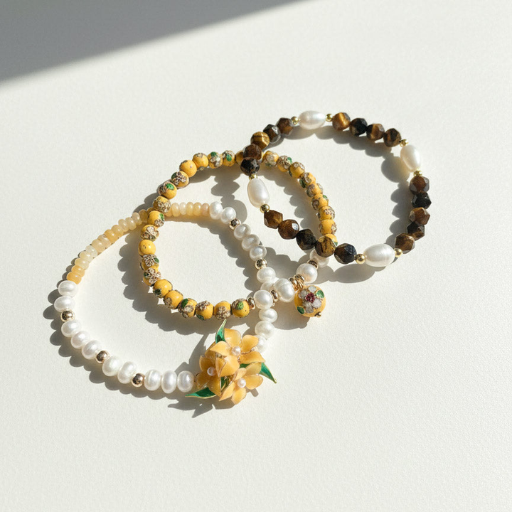 Handcrafted Floral, Cloisonné, Yellow Opal &amp; Tiger Eye Beaded Bracelet Set (3pcs)