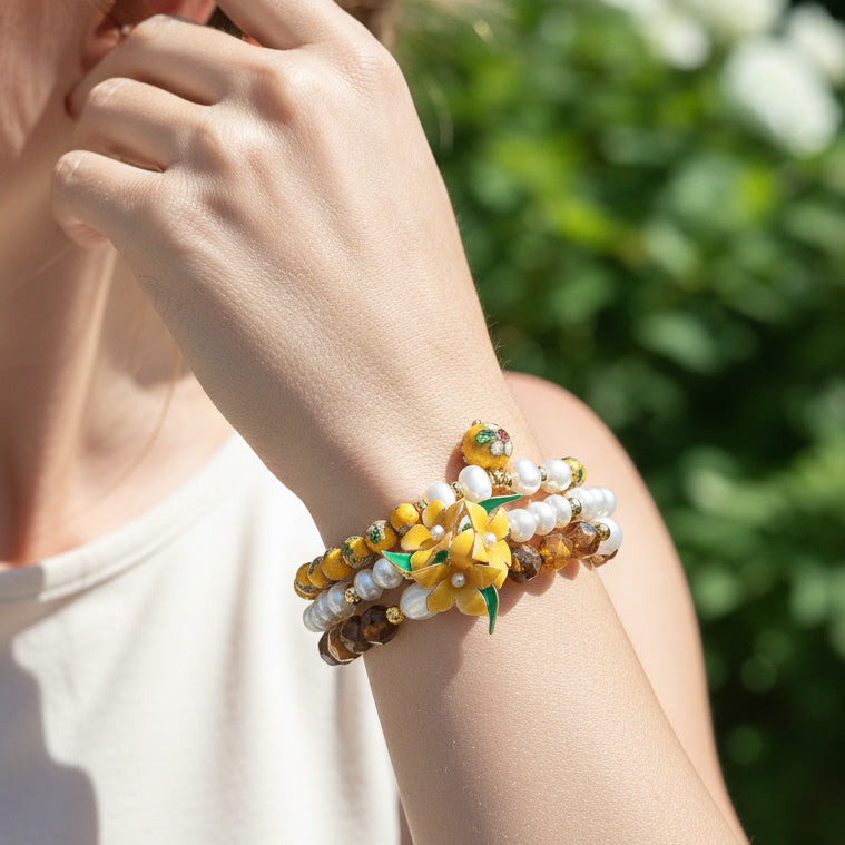 Handcrafted Floral, Cloisonné, Yellow Opal & Tiger Eye Beaded Bracelet Set (3pcs)