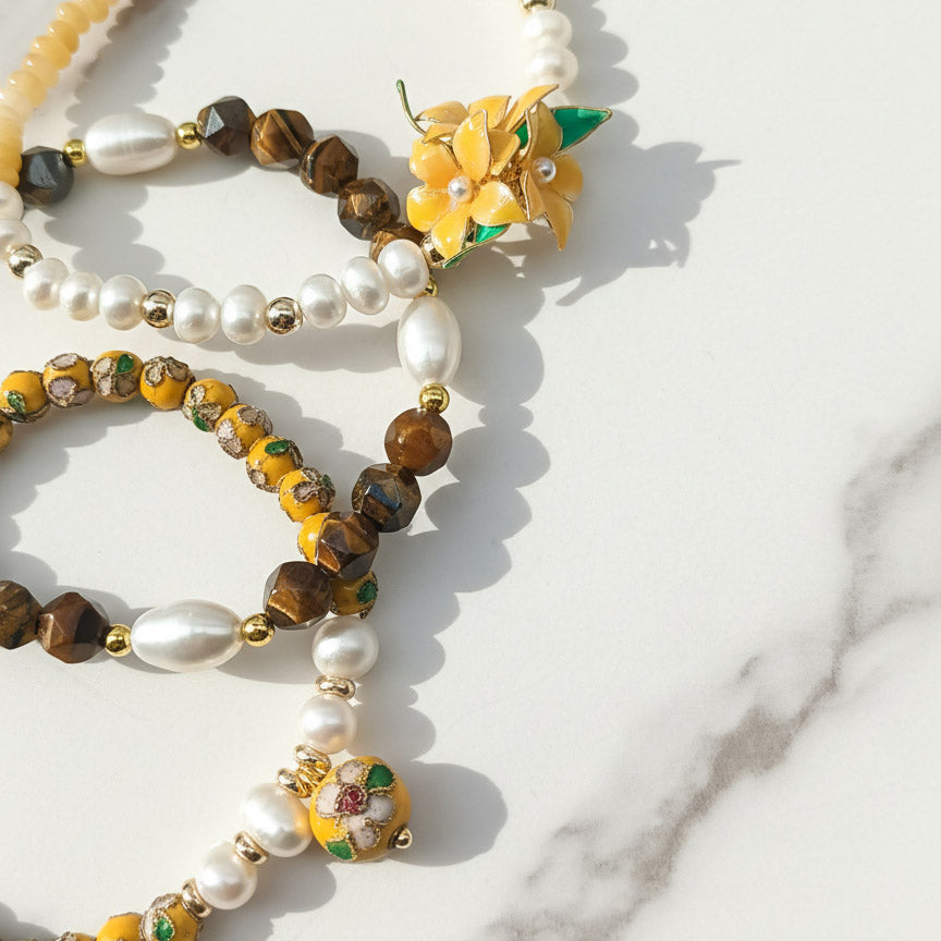 Handcrafted Floral, Cloisonné, Yellow Opal &amp; Tiger Eye Beaded Bracelet Set (3pcs)