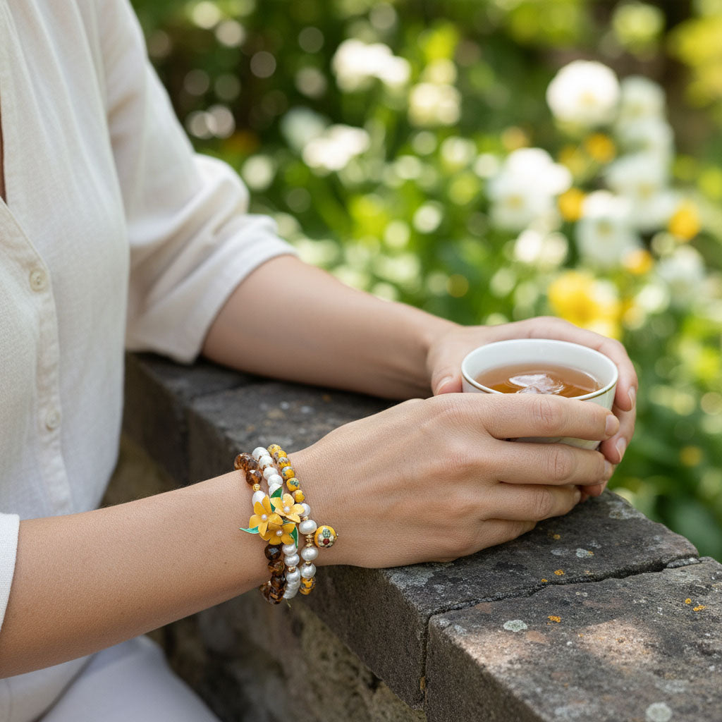 Handcrafted Floral, Cloisonné, Yellow Opal &amp; Tiger Eye Beaded Bracelet Set (3pcs)