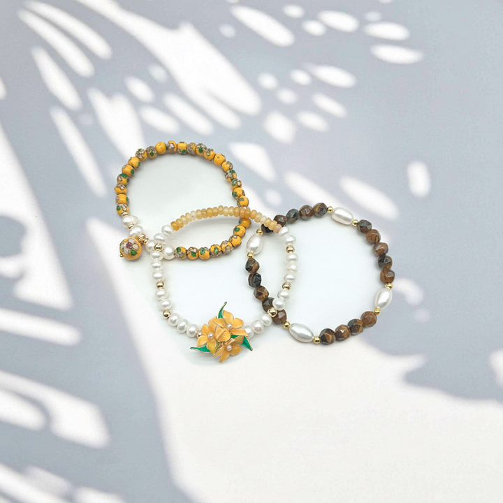 Handcrafted Floral, Cloisonné, Yellow Opal &amp; Tiger Eye Beaded Bracelet Set (3pcs)