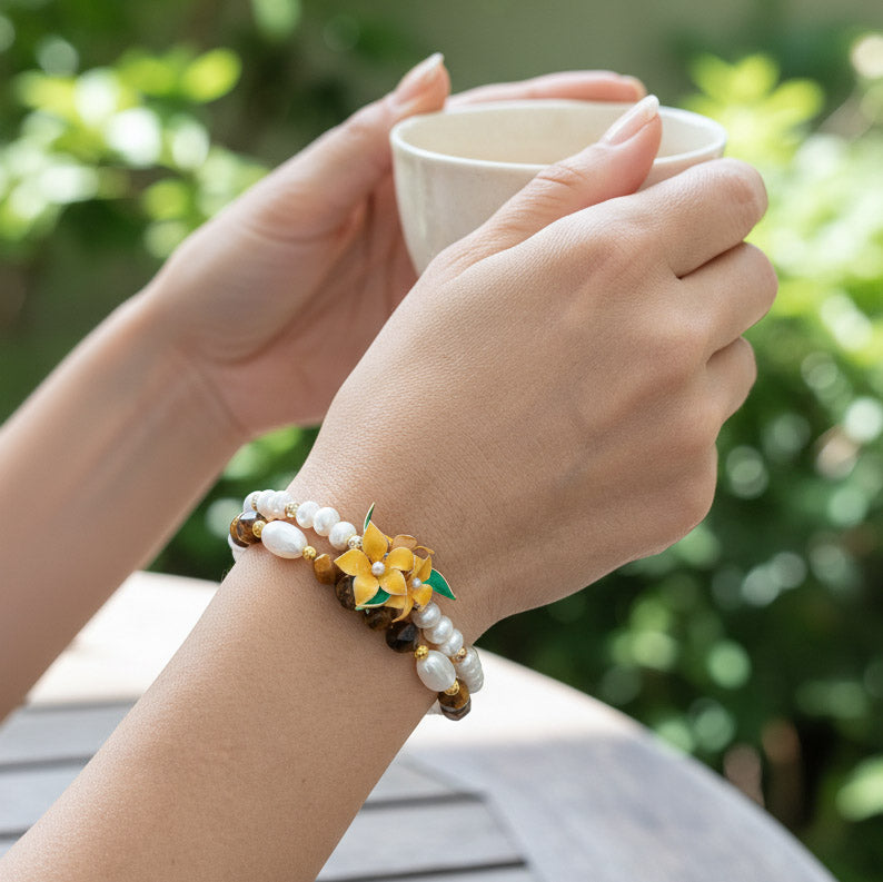 Handcrafted Floral, Cloisonné, Yellow Opal &amp; Tiger Eye Beaded Bracelet Set (3pcs)