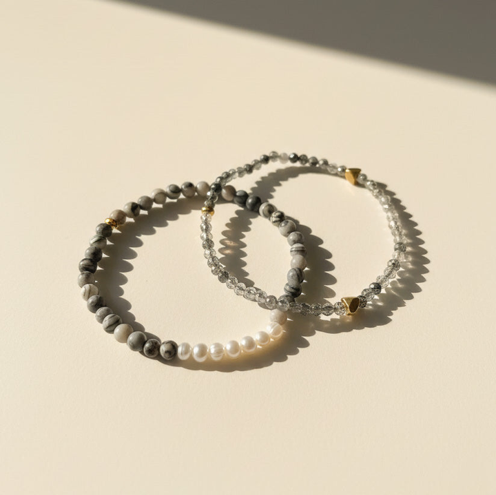 Zebra Jasper &amp; Black Rutilated Quartz Bracelet with Pearl