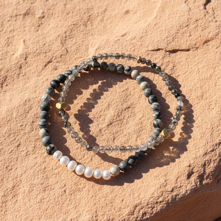 Zebra Jasper &amp; Black Rutilated Quartz Bracelet with Pearl