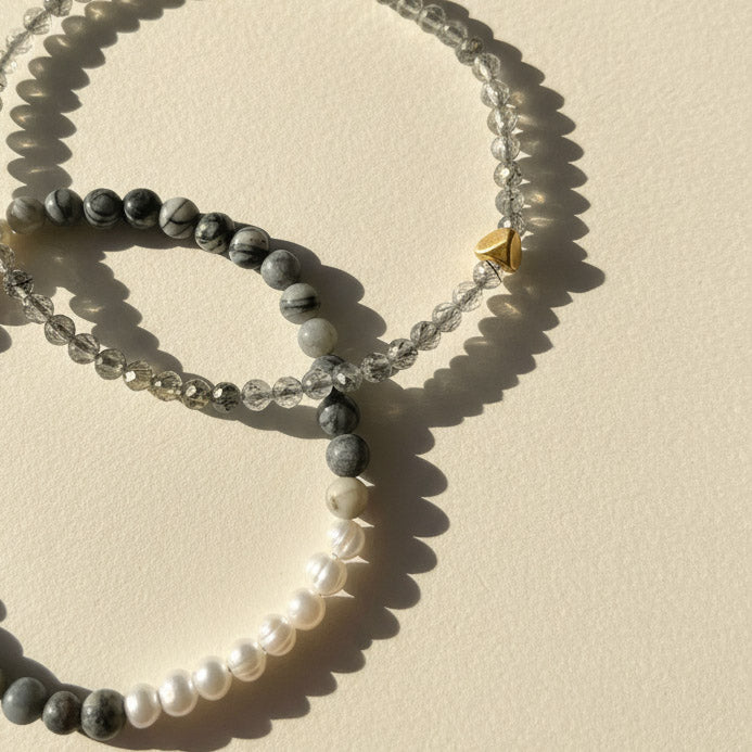 Zebra Jasper &amp; Black Rutilated Quartz Bracelet with Pearl